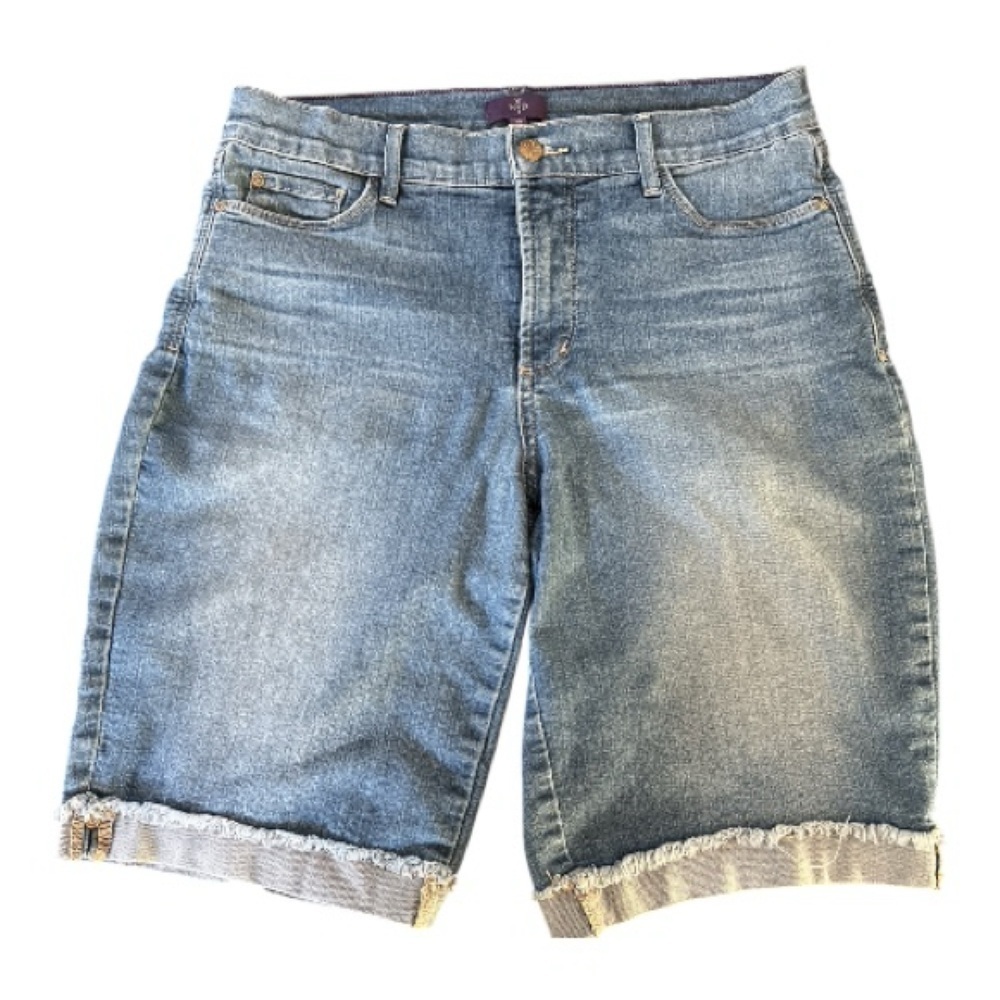 NYDJ denim shorts, medium wash, size 10, raw hem cuffs.